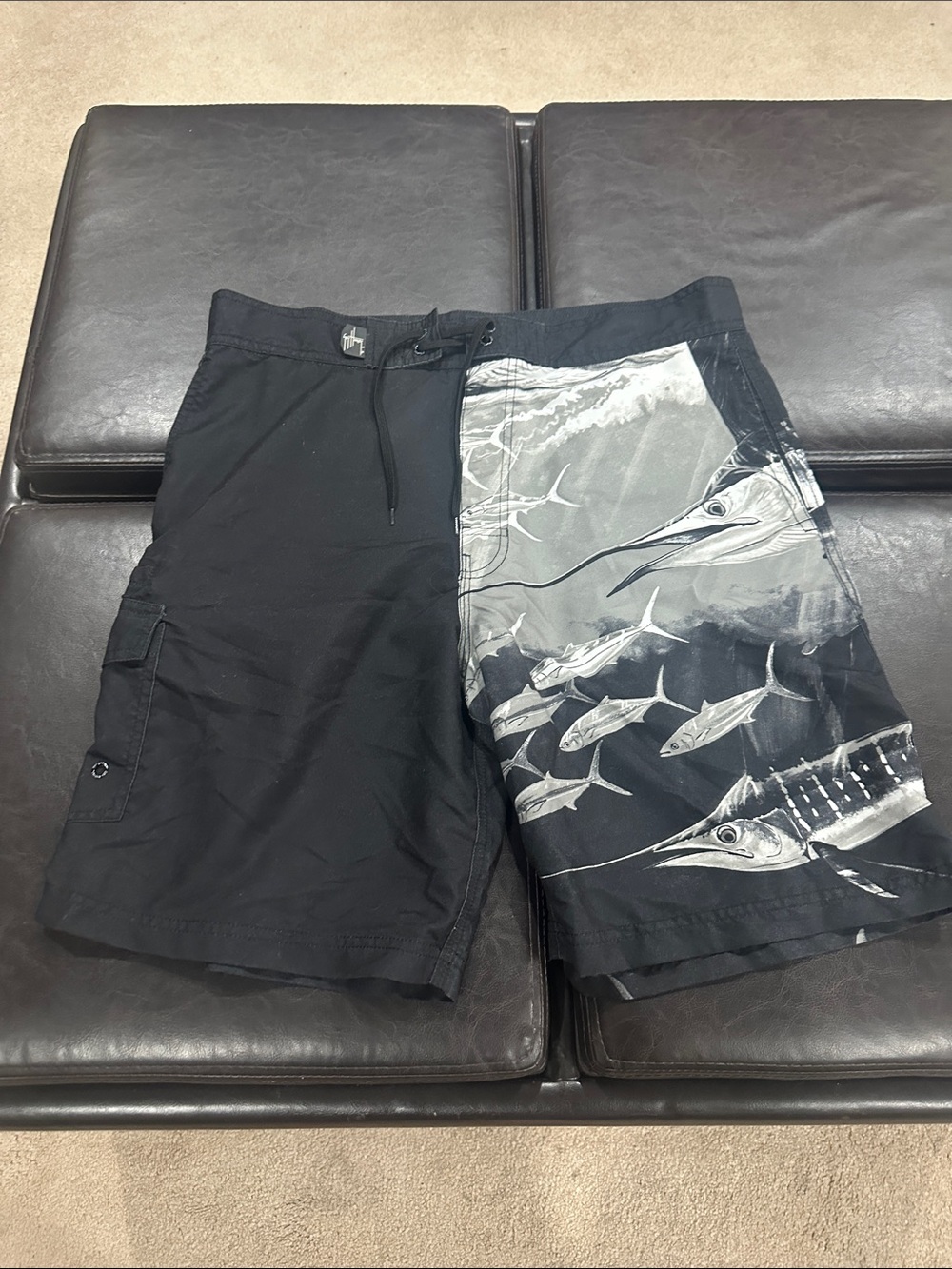 Guy Harvey Black Swim Board Shorts with Gray Fish Graphic